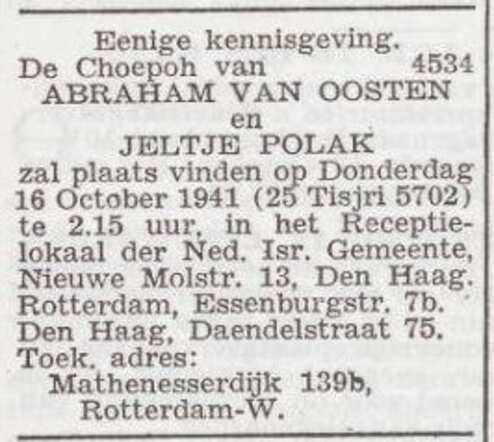 Aankondiging van de huwelijksinzegening van Abraham van Oosten en Jeltje Polak