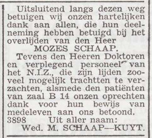 Dankbetuiging van weduwe Mietje Schaap-Kuyt