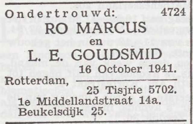Aankondiging van de ondertrouw van Rachel Marcus en Lion Ezra Goudsmid