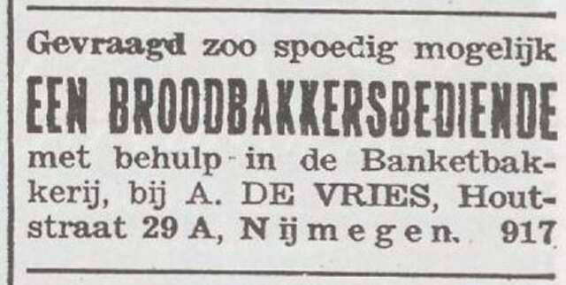 Personeelsadvertentie van bakker Aäron de Vries