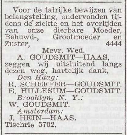 Dankbetuiging van de families Goudsmit en Haas