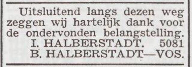 Dankbetuiging van het gezin Jonas Halberstadt
