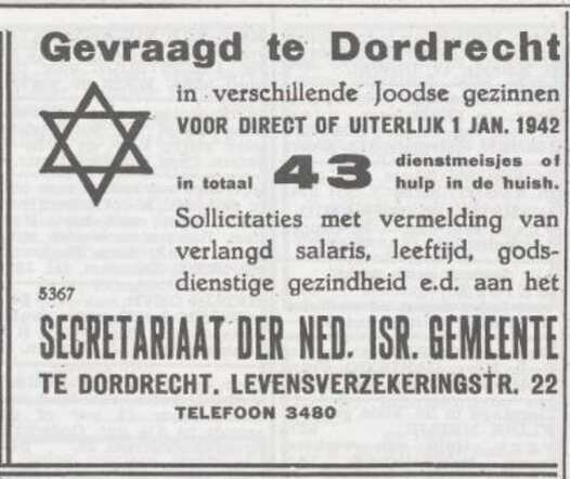 Advertentie 'personeel gevraagd' van de Joodse Gemeente Dordrecht