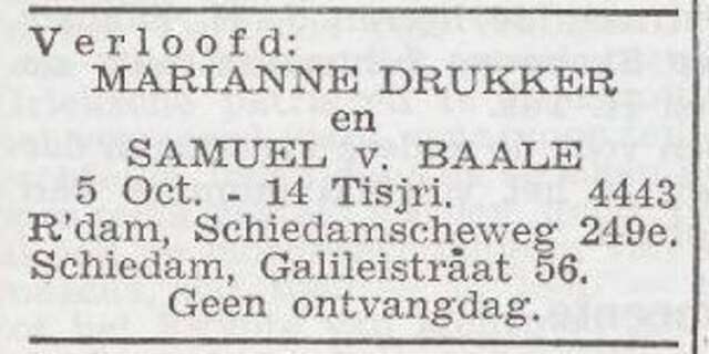 Verloving van Marianne Drukker en Samuel van Baale