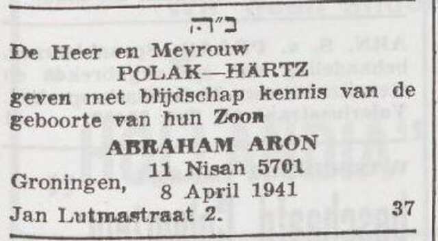 Kennisgeving van de geboorte van Abraham Aron Polak