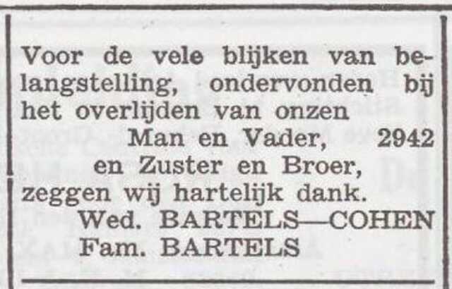 Dankbetuiging van het gezin Bartels