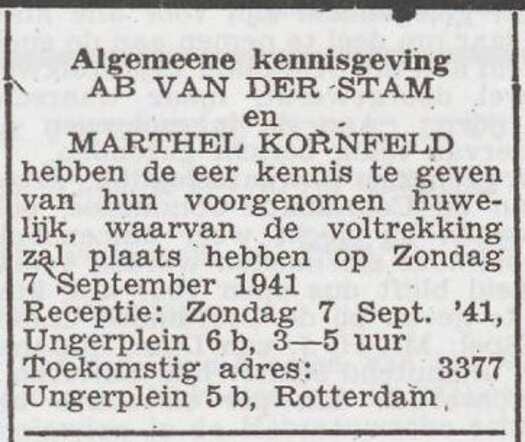 Bekendmaking van het huwelijk van Abraham van der Stam en Matla Kornfeld