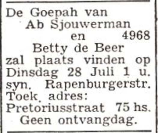 Aankondiging van de huwelijksinzegening van Betty de Beer en Abraham Sjouwerman