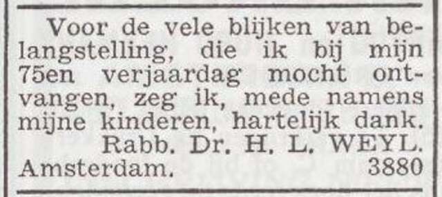 Dankbetuiging van rabbijn Heimann Weijl