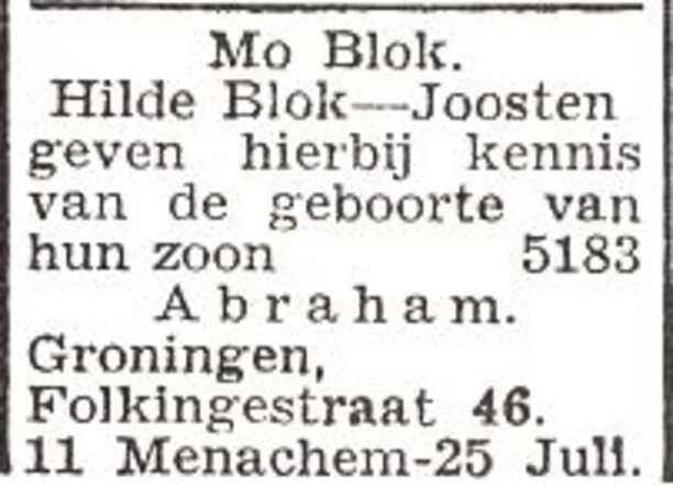 Bekendmaking van de geboorte van Abraham Blok