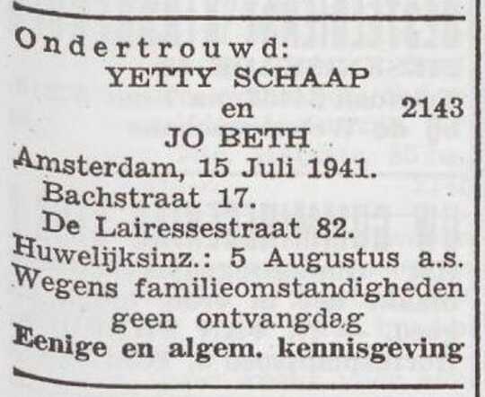 Bekendmaking van ondertrouw van Jonas Bed en Henriette Schaap