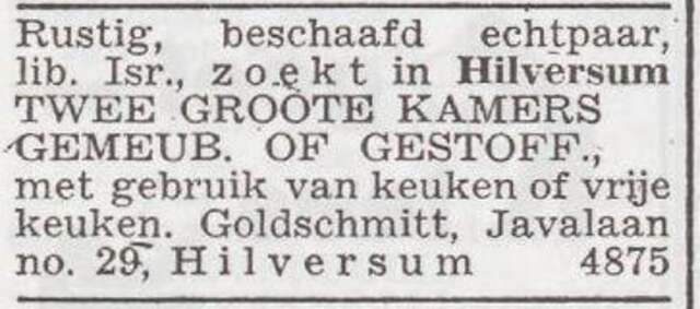 Advertentie 'te huur aangeboden' van het echtpaar Alfred en Clara Goldschmidt