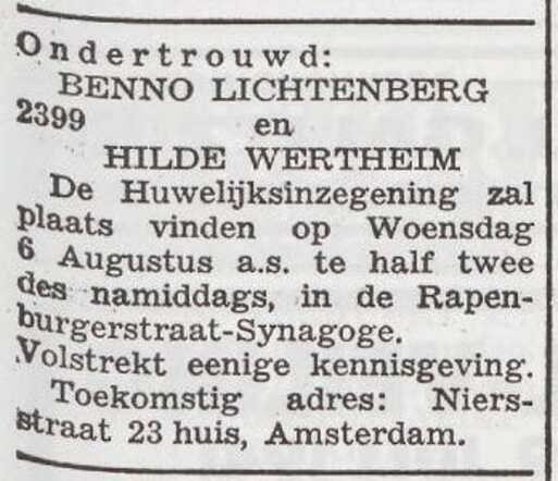 Aankondiging van de huwelijksinzegening van Hilde Wertheim en Benno Lichtenberg