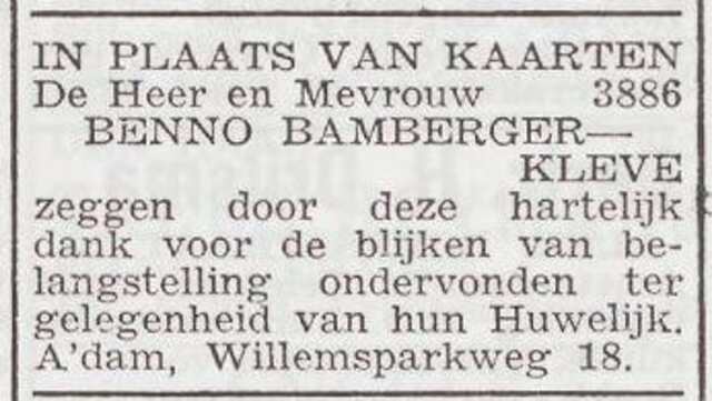 Dankbetuiging van het echtpaar Leni en Benno Bamberger-Kleve