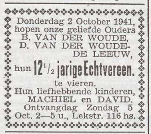 Viering van het 12½ huwelijksjubileum van het echtpaar Benjamin en Betje van der Woude