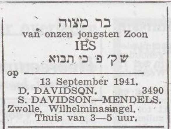 Aankondiging van de bar mitswa van Izaäk Berend Davidson