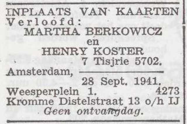 Bekendmaking van de verloving van Martha Berkowitz en Henri Levie Koster
