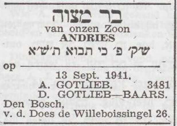 Aankondiging van de bar mitswa van Andries Gotlieb