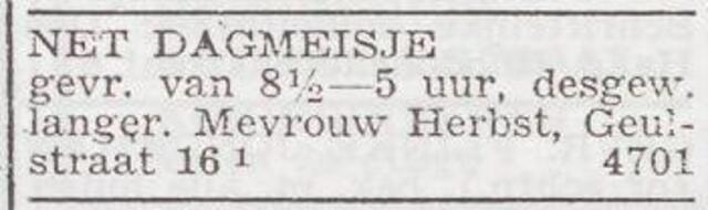 Advertentie 'personeel gevraagd' van het gezin Herbst