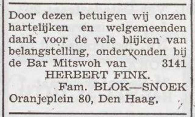 Dankbetuiging van Herbert Fink en de familie Blok