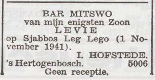 Aankondiging van de bar mitswa van Levie Hofstede