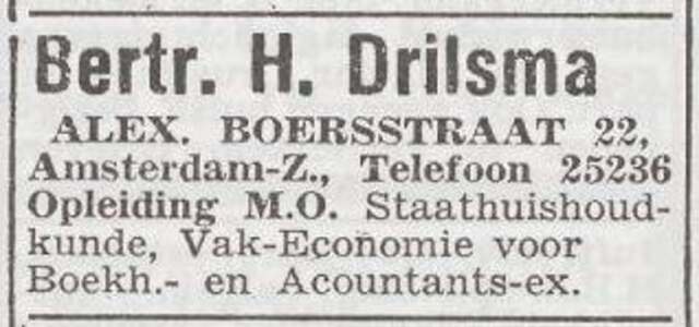 Advertentie van leraar Bertrand Henri Drilsma