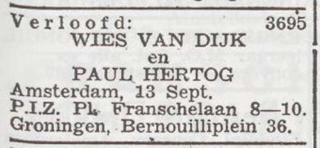 Aankondiging van de verloving van Wies van Dijk en Paul Hertog