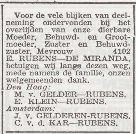 Dankbetuiging van de familie Rubens
