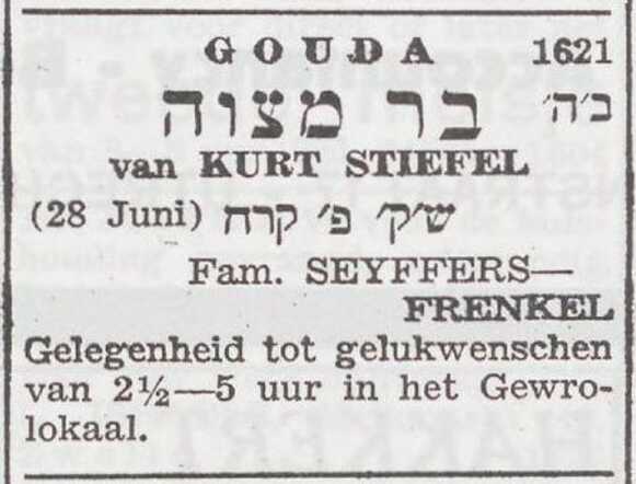 Aankondiging van de bar mitswa van Kurt Stiefel