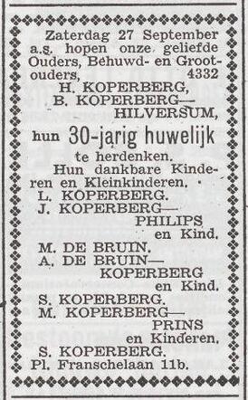 Aankondiging van de viering van het 30-jarig huwelijksfeest van Hartog en Betje Koperberg