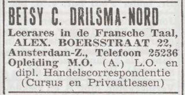 Advertentie van lerares Betsij Cato Drilsma-Nord