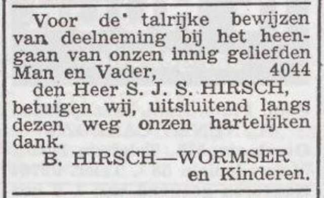 Dankbetuiging van de familie Hirsch