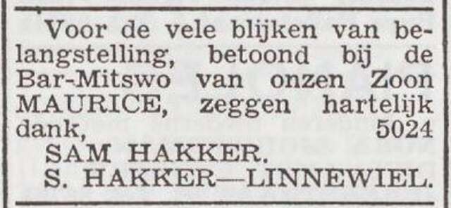 Dankbetuiging van het gezin Samuel Hakker