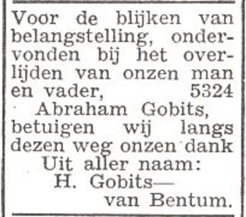 Dankbetuiging van de familie Gobits