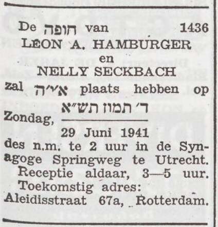 Aankondiging van de huwelijksinzegening van Leon Hamburger en Nelly Seckbach
