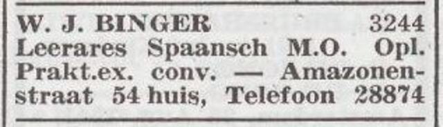 Advertentie van lerares Wilhelmina Juliette Binger