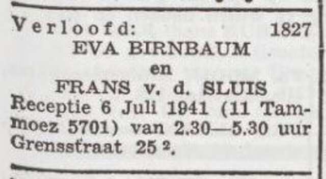 Bekendmaking van de verloving van Eva Birnbaum en Frans van der Sluis