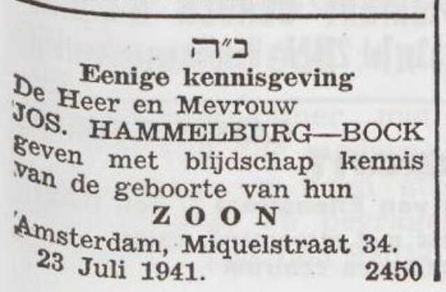 Bekendmaking van de geboorte van Abraham Josua Hammelburg