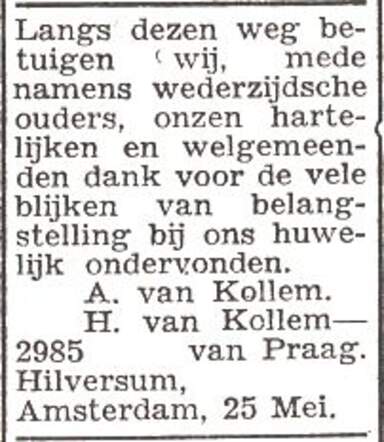 Dankbetuiging van het echtpaar Abraham en Henriëtte van Kollum-van Praag