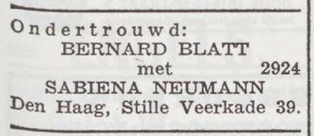 Bekendmaking van de ondertrouw van Bernhard Blatt en Sabina Neumann
