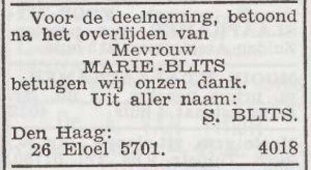 Dankbetuiging van de familie Blits
