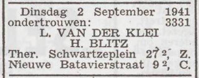 Bekendmaking van ondertrouw van Hartog Blitz en Lena van der Klei