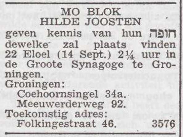 Aankondiging van de huwelijksinzegening van Mozes Blok en Hilde Joosten