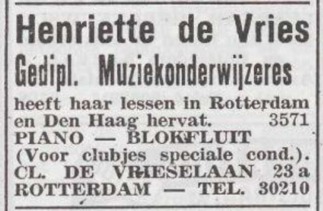 Advertentie van muzieklerares Henriette de Vries