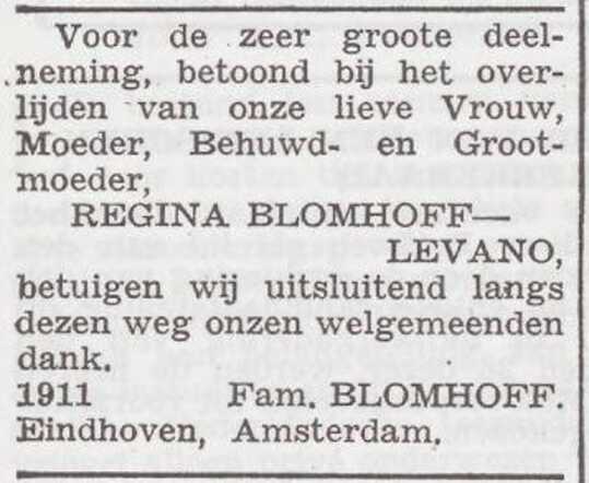 Dankbetuiging van de familie Blomhoff