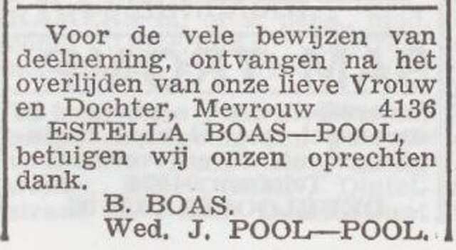 Dankbetuiging van de families Boas en Pool