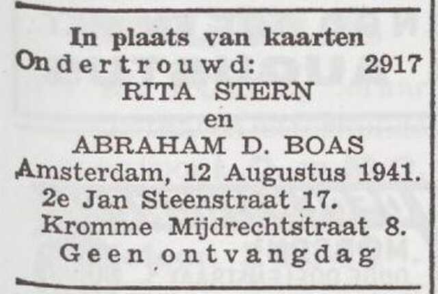Bekendmaking van de ondertrouw van Rita Stern en Abraham Boas