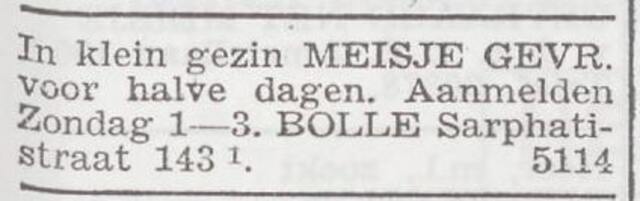 Advertentie 'personeel gevraagd' van het gezin Bolle