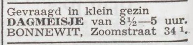 Advertentie 'personeel gevraagd' van het gezin Bonnewit