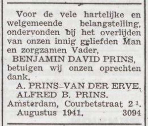 Dankbetuiging van de familie Prins
